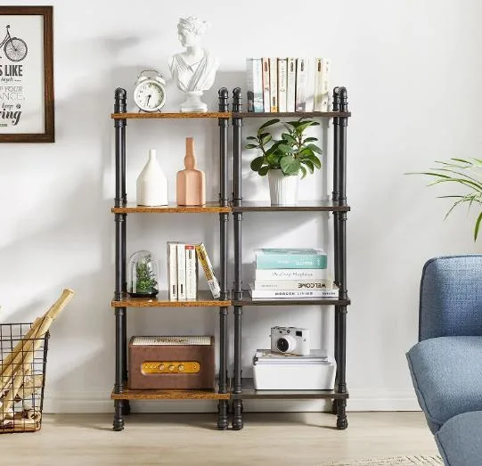 Industrial Shelves in Rustic Modern Wood Ladder Bookcase with Metal Frame, Pipe Wall Shelf for Wood Storage Home Decor