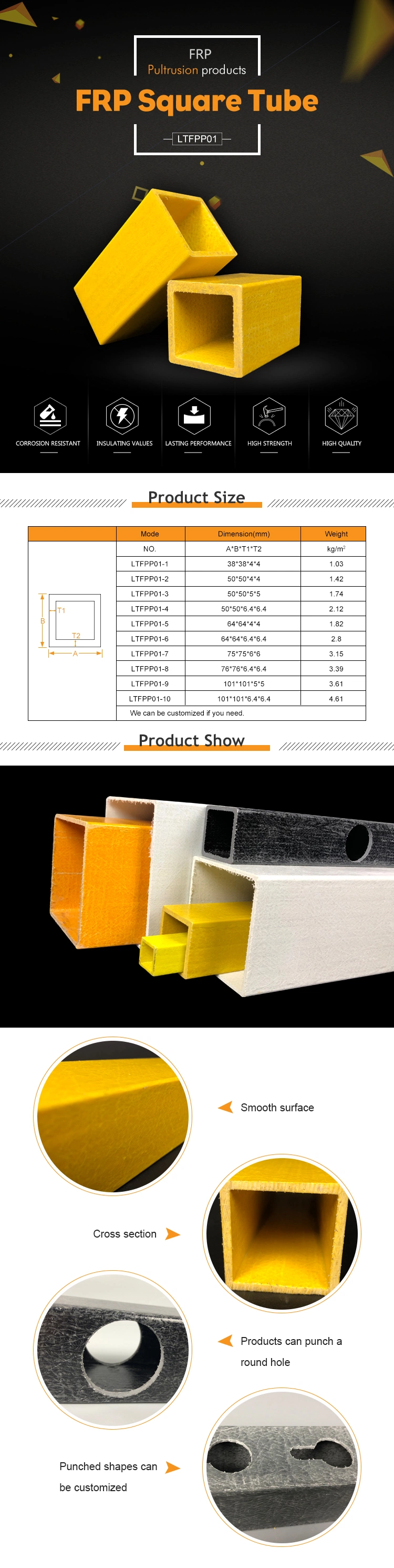 Pultruded Fiberglass Hollow Tubes FRP Composite Plastic Square Rectangular Round Tube