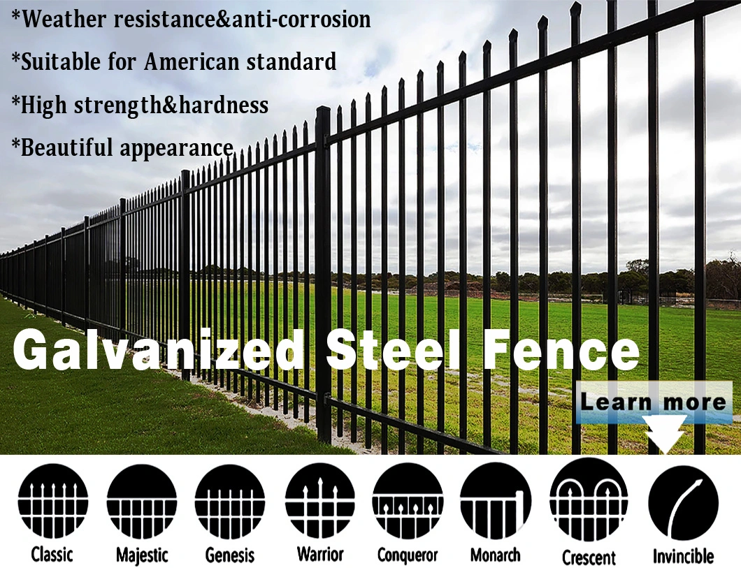 Pressed Top Tubular Picket Steel Fence Panel Guardrail Square Pipe Iron Railing Design Metal Security Fencing Garden Yard Wall Fence