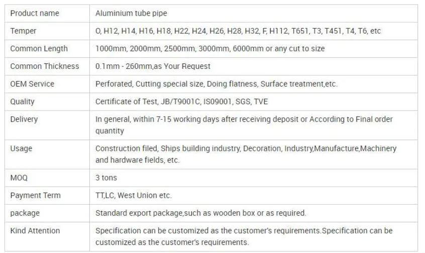 Aluminium Round Tube /Aluminium Pipes/ Tube 1050 1060 1100 1200 6061 6063 6082 5083 Pipe