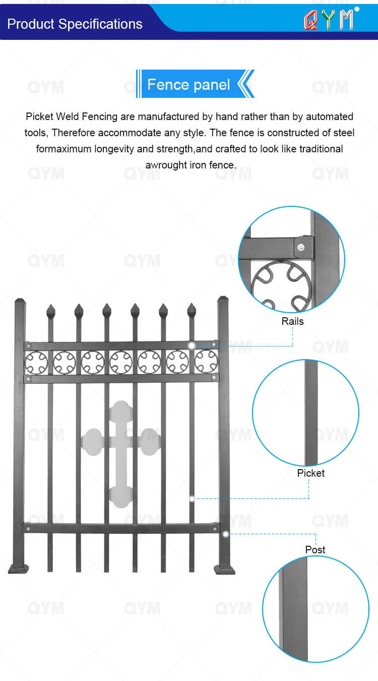 Square Tube Steel Picket Fence Grden Modern Wrought Iron Fence Panels