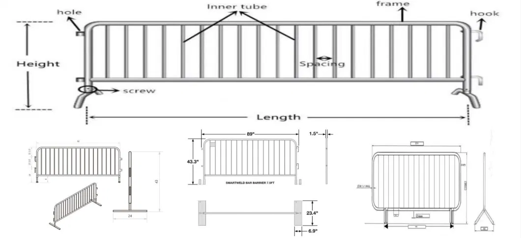 8.5 FT Portable Metal Road Safety Temporary Fence Pedestrian Barricade Galvanized 32mm Dra Square Tube Welded Steel Fence Panel Guardrail Crowd Control Barrier