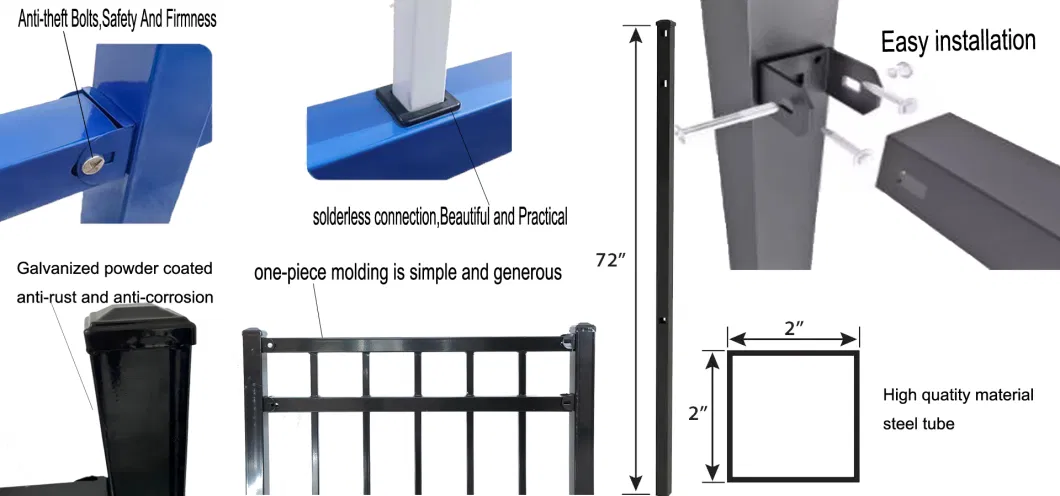 8FT X 8FT Flat Top Metal Tubular Fencing Square Top Steel Iron Fence with Angled or Vertical Bars