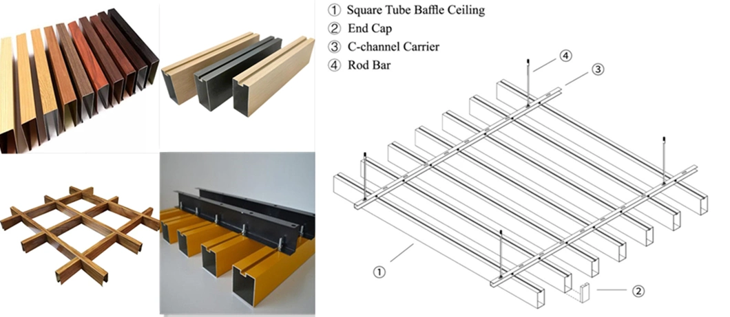 Custom Aluminum Curtain Wall Panel Extruded Aluminum Profile Rectangular Wood Grain/Powder Coating for Ceiling Aluminum Square Hollow Tube