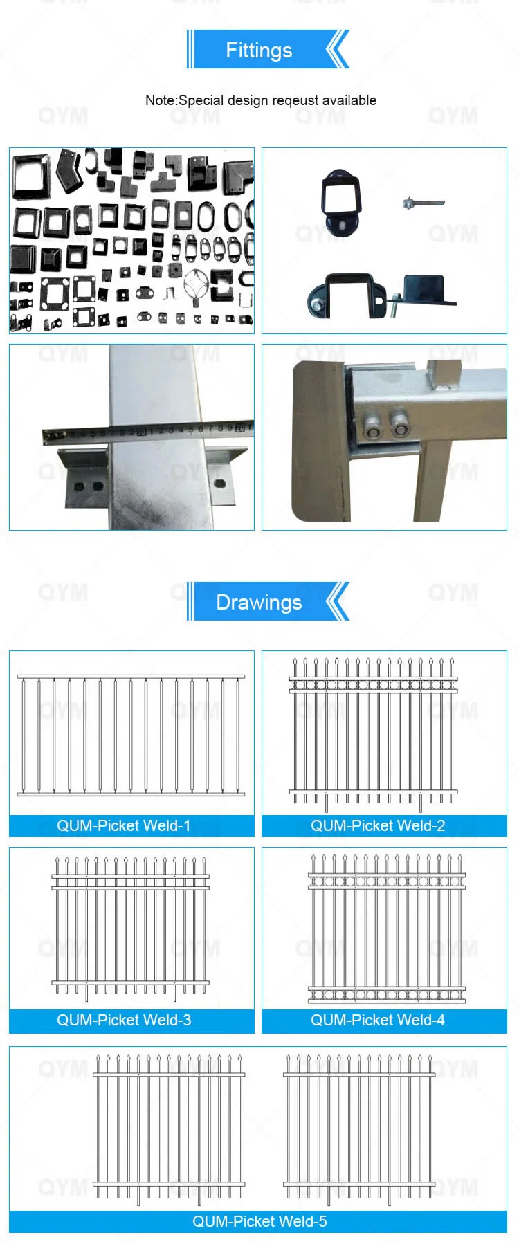 Square Tube Steel Picket Fence Grden Modern Wrought Iron Fence Panels