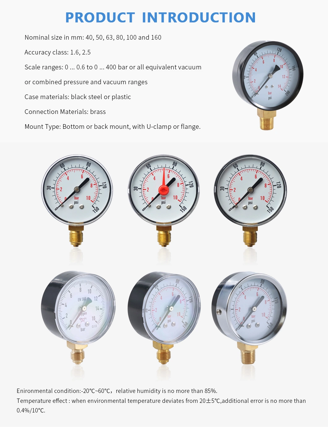 1 Inch Square Pressure Gauge Pneumatic Manometer Small Gauge