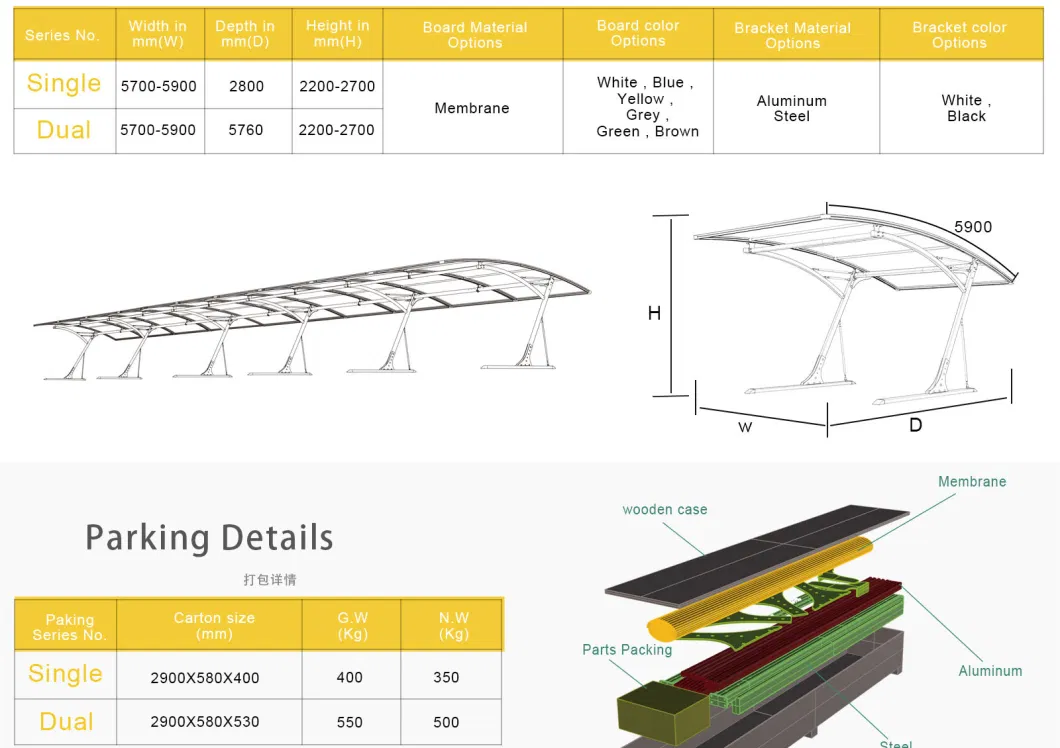 High Quality Memebrane Roof and Powder Coating Aluminum Carport