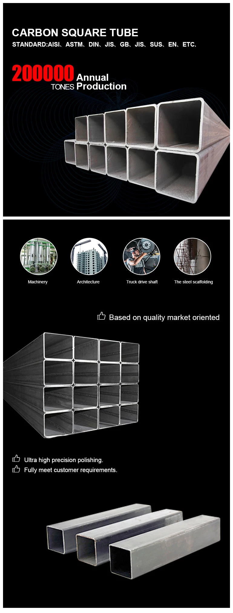 A36 Square Steel Tube for Fence Post, Black Carbon Steel Mild Square Hollow Section, Steel Rectangular Steel Tubes