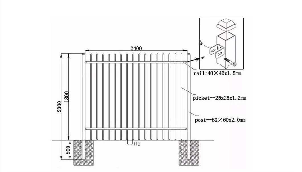 Wholesale Outdoor Square Pipe Iron Railing Baluster Commercial Metal Security Fencing Ornamental Steel Picket Fence Panel Guardrail Flat Top Garden Wall Fence