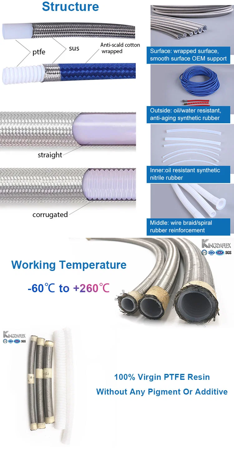 High Temperature Stainless Steel 304/316 Outer Braided PTFE Hose Pipe