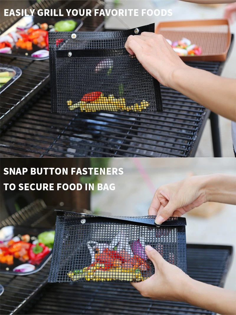 Amazon Hot Selling PTFE Mesh Grill Bag with Snap Button Easy Clean Food Safe