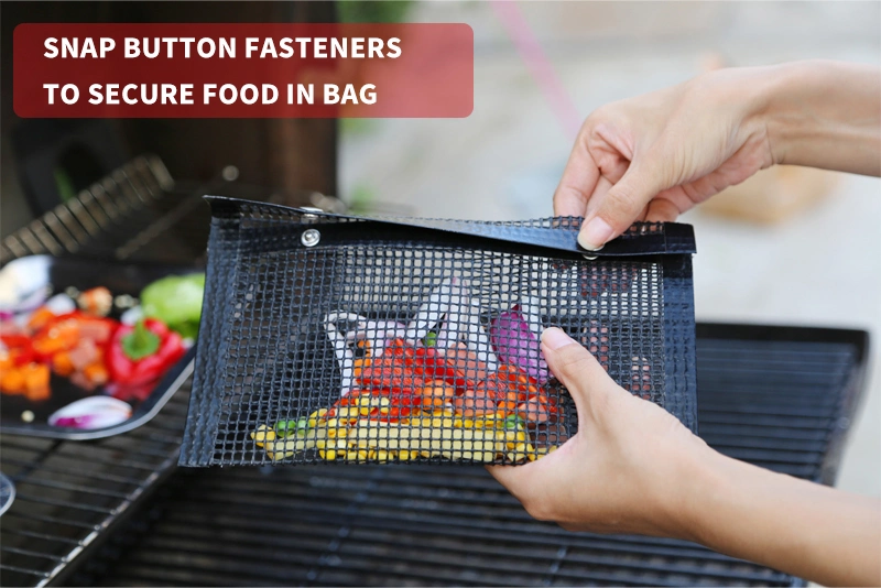 Amazon Hot Selling PTFE Mesh Grill Bag with Snap Button Easy Clean Food Safe