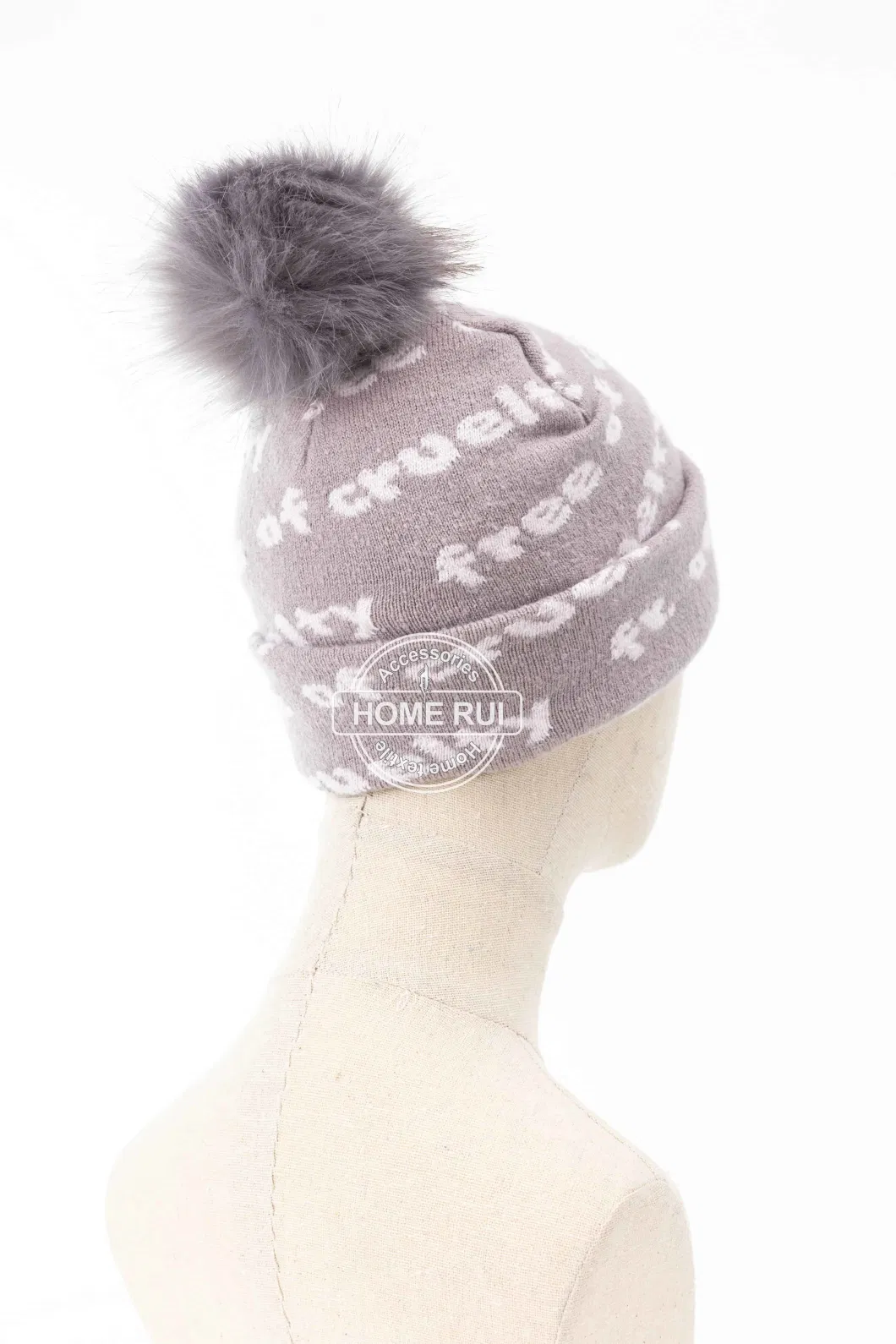 Women Warm Soft Slouchy Acrylic Pink White Grey Fur Pompom Knitted Jacquard Letter Bonnet Casual Beanie Hat