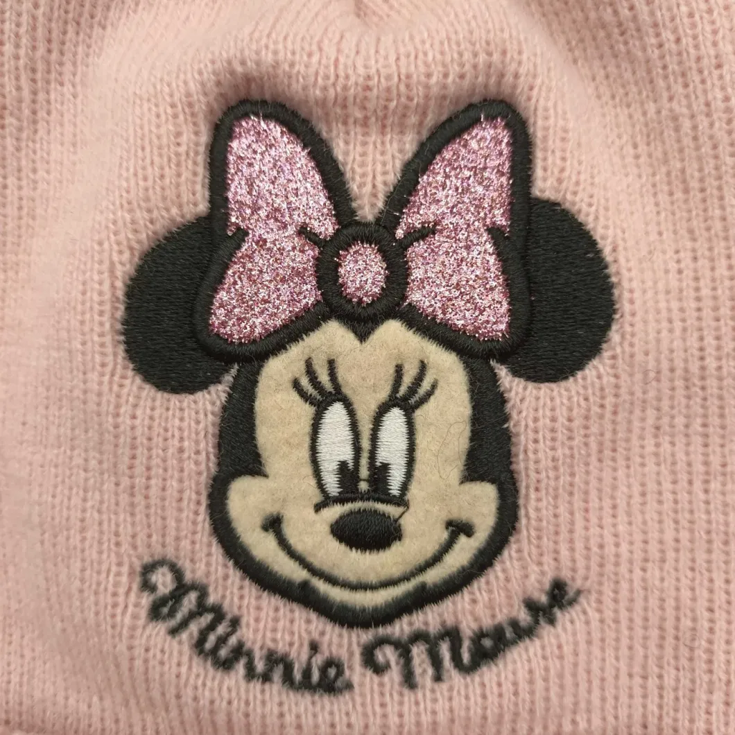 Disney Cap Minnie Baby Girls Acrylic Knitted Hat with Glitter Shiny Applique, Embroidery, Fake Fur Pompom and Soft Warm Polar Fleece Lining