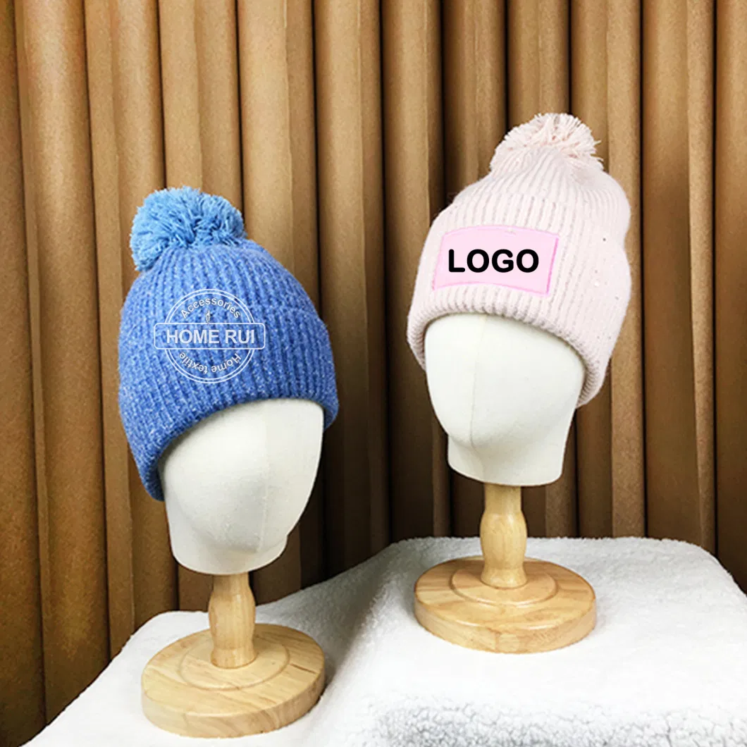 Women Ladies Beanie with POM POM Sequin Shinning Buckle Yarn Embroideried Letter Patch Knitted Hat Ribbed Chunky Winter Warm Cap