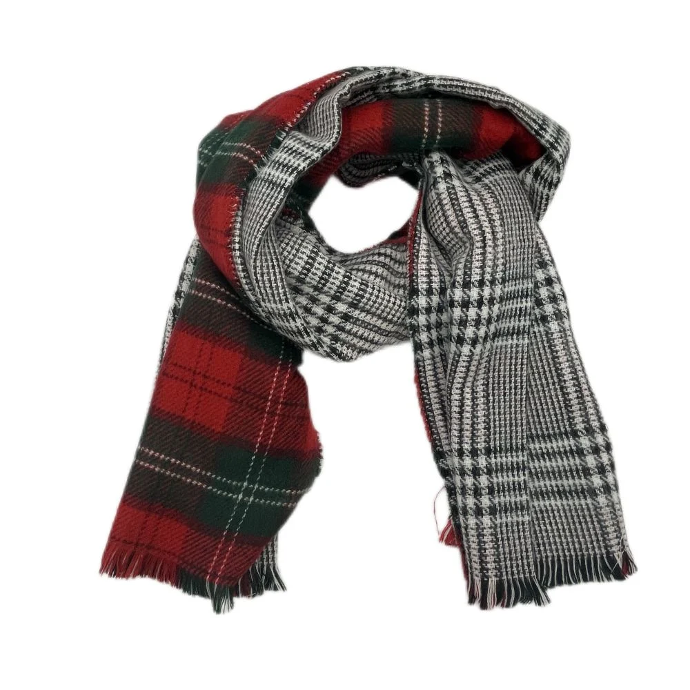 Womens Checked Reversed Woven Scarf with Short Fringe