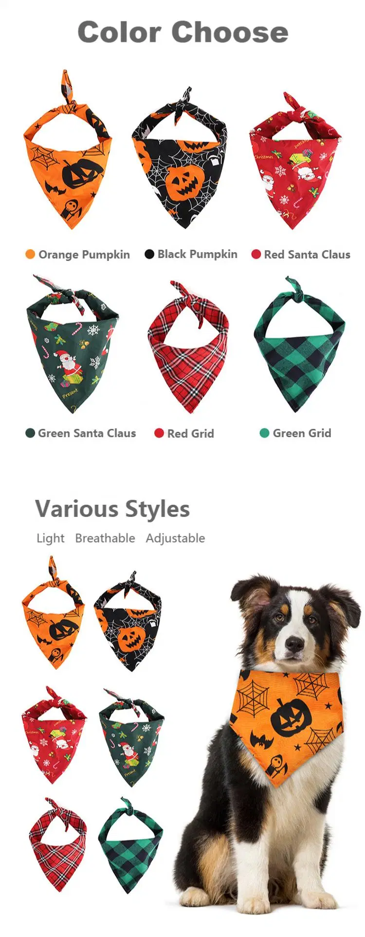 Lovely Colorful Cute Custom Cotton Christmas Halloween Adjustable Triangle Pet Bandana Pet Scarf