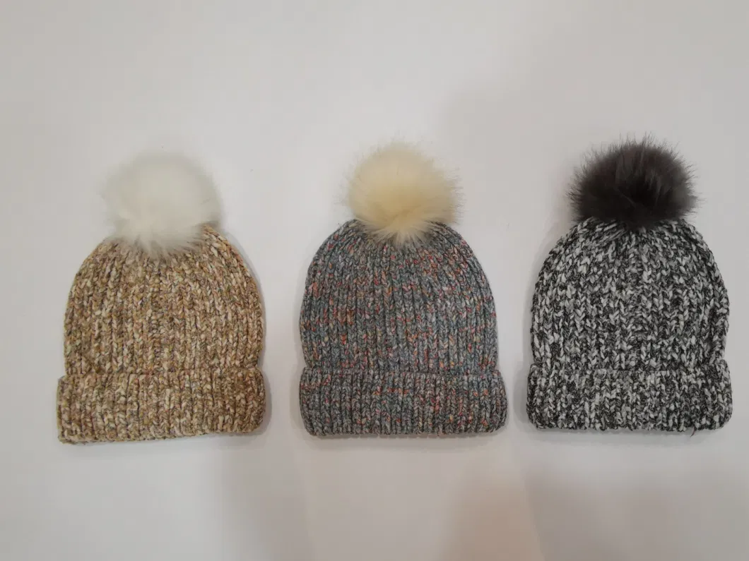 Women Adult 100% Polyester Winter POM Beanie Mix Color Knit Beanie Hats