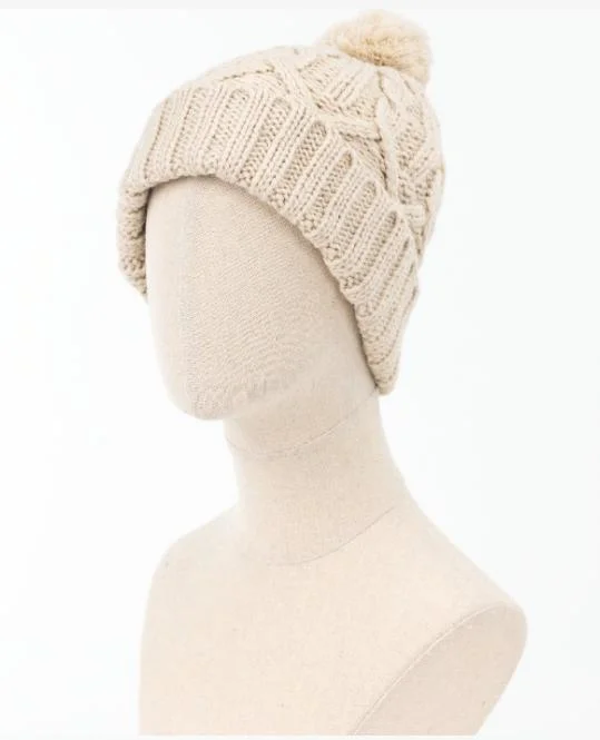 Quality Girls Winter Warm Pompom White Stretch Cable Knitting Hat