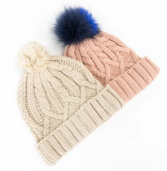 Quality Girls Winter Warm Pompom White Stretch Cable Knitting Hat