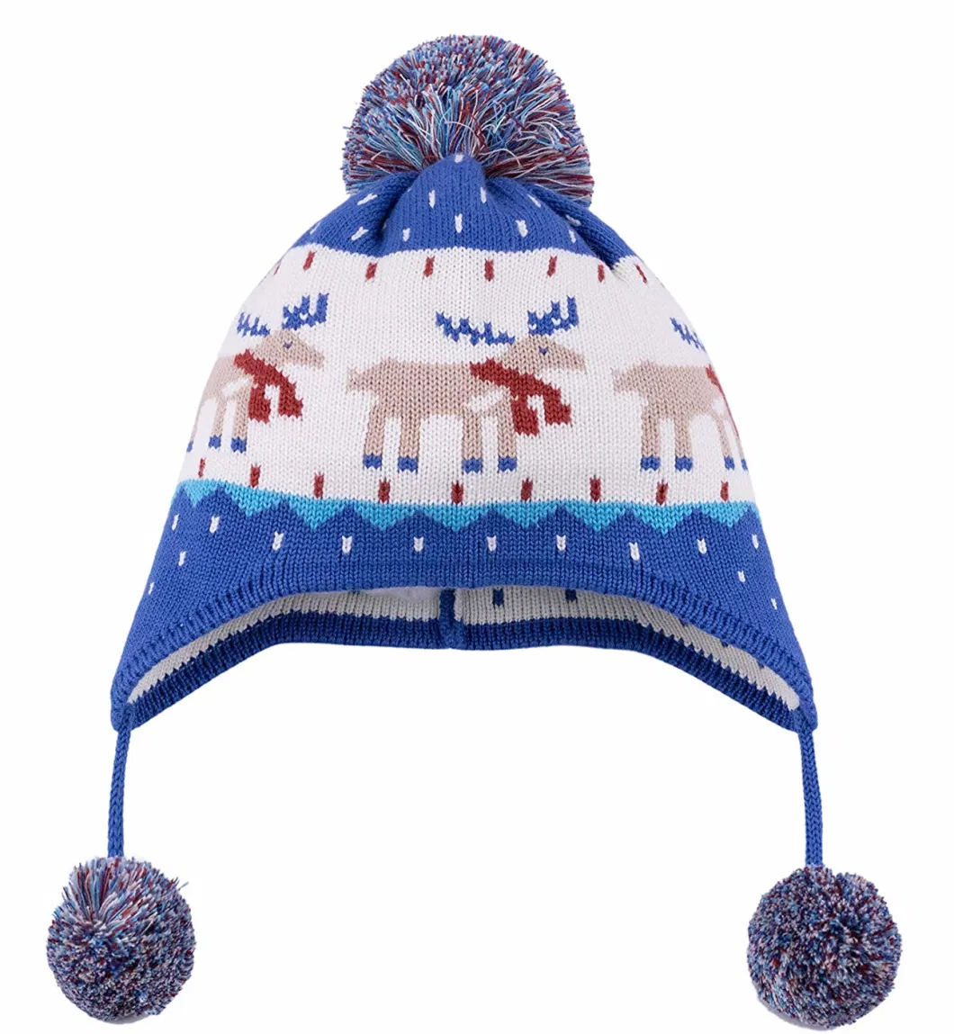 Manufacturer 100% Cotton Beanie Knitted Earflap POM Baby Adjustable Warm Hat with Lovely Pattern