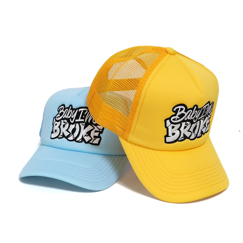 Personalized Breathable 5-Panel Yellow and Blue Foam Trucker Hat Embroidered Custom Logo