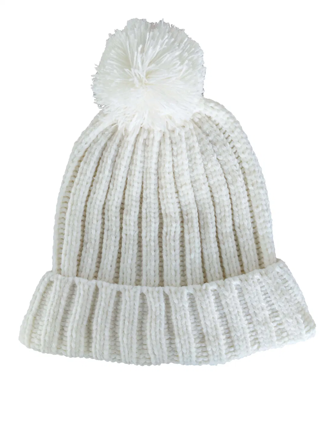 Winter Ladies Fashion White Soft Chenille Pompom Stretch Knitted Hat