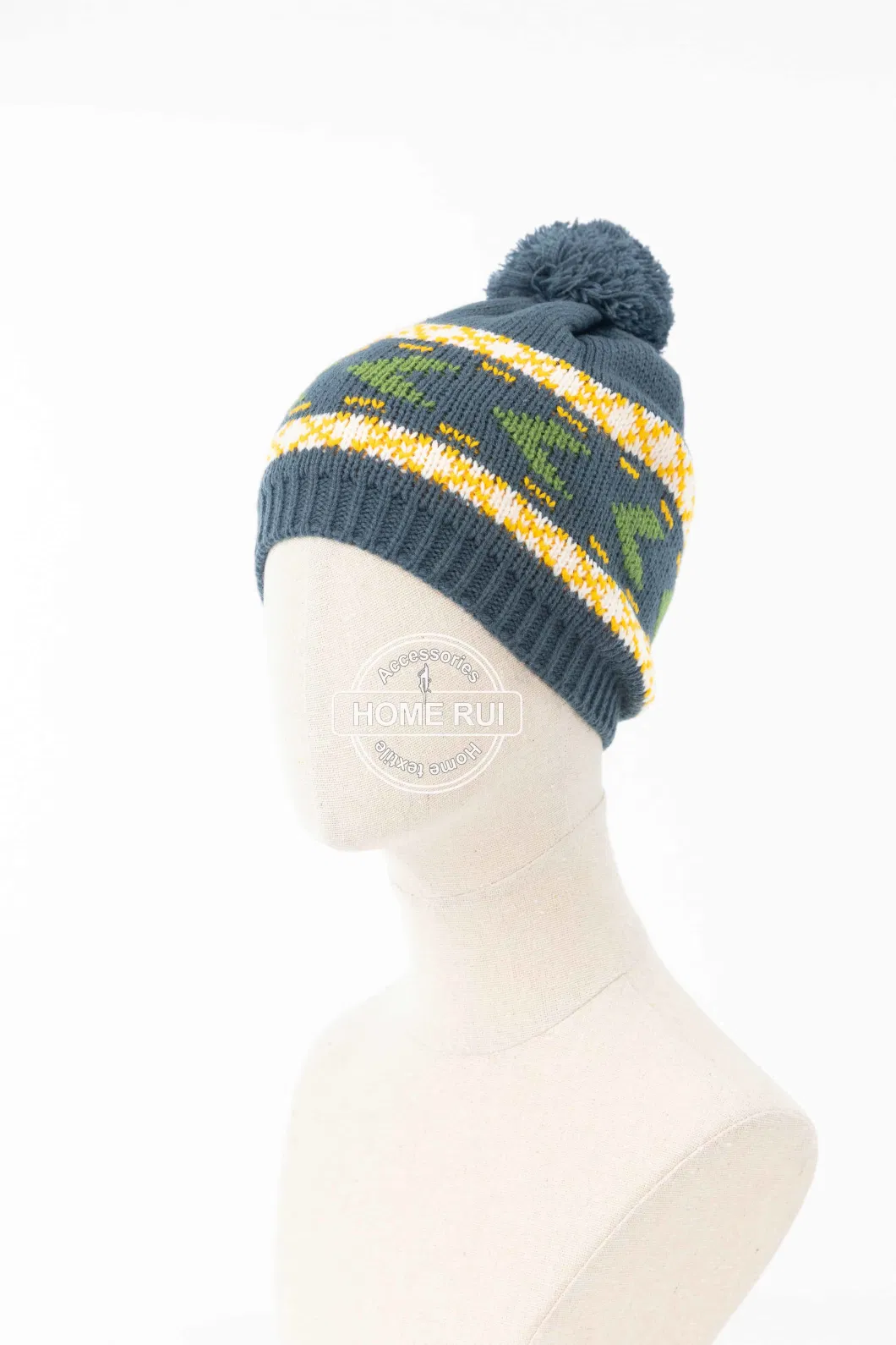 Women Warm Soft Slouchy Acrylic Fold Edge Pompom Navy Yellow Green Mixed Faire Iland Jacquard Bonnet Casual Beanie Hat