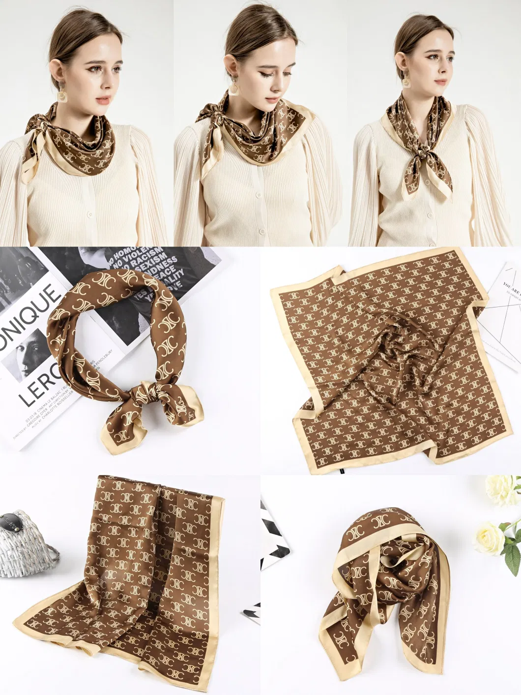 70X70cm Printed Cost Effective Square Silk Satin Scarf Polyester Scarves Wowan Hairband Bag Band