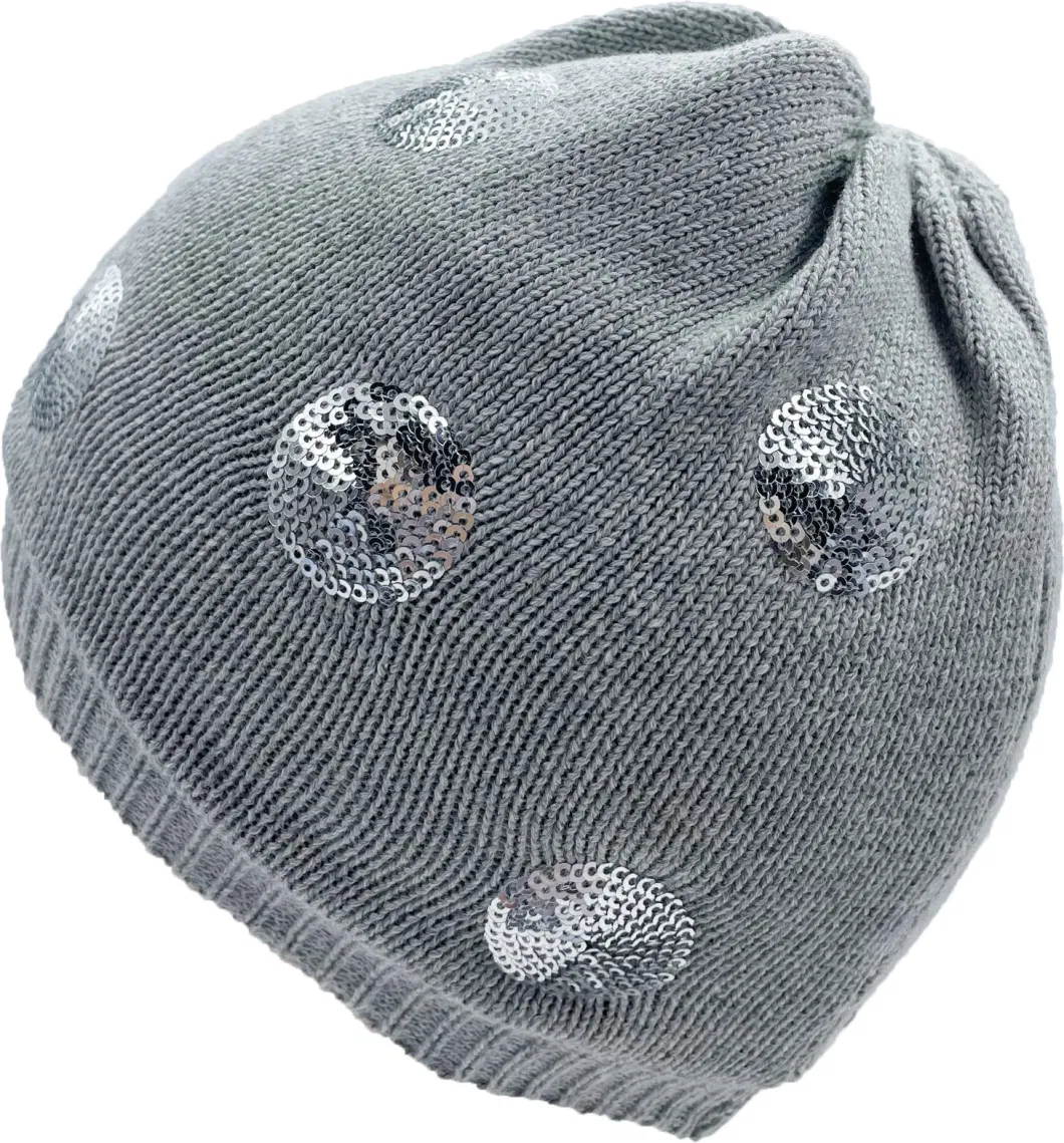 Grey Color Cotton Fleece Lining Sequins Girls Winter Beanie Hat