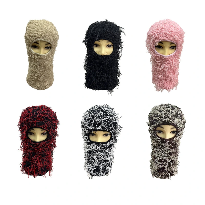 Wholesale Custom Distressed Fuzzy Grassy One Hole Knit Face Cover Ski Mask Balaclava Beanie Skimask