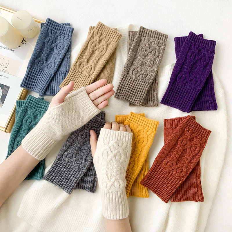 Half-Cut Female Winter Fingerless Cute Student Writing Vertical Striped Wool Knitted Gloves