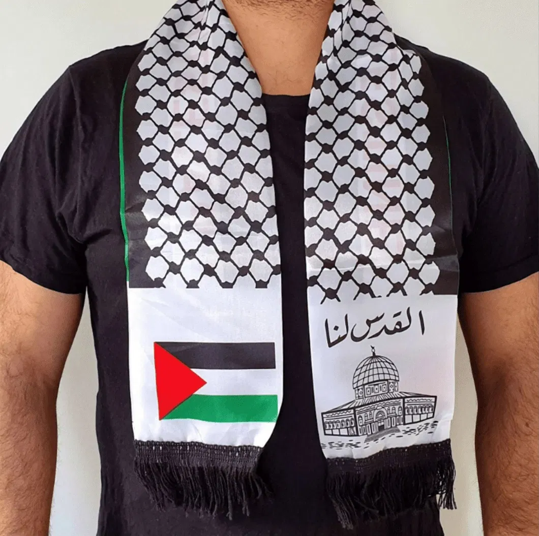 Fast-Delivery Palestine Silk 100% Acrylic Knitted Jacquard Woven Palestinian Country Flag Scarf Scarve Soccer Sports Custom Logo Personalized Printed Design