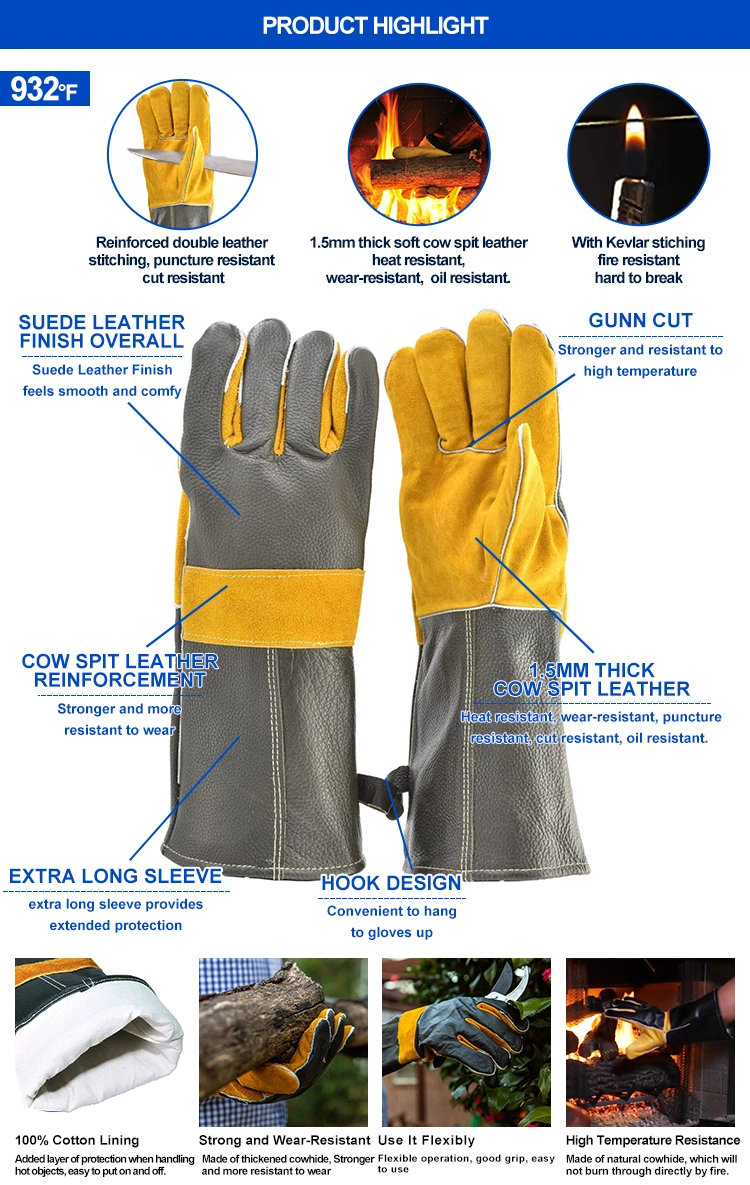 Yellow Hook Thick Cowhide Suede Leather Fire Cut Resistant Welding Gloves