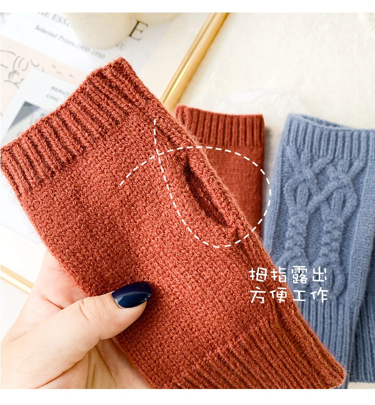 Half-Cut Female Winter Fingerless Cute Student Writing Vertical Striped Wool Knitted Gloves