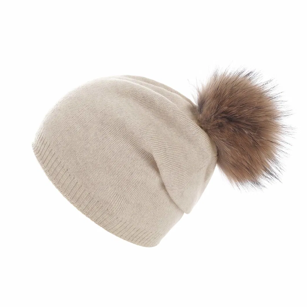 Promotional Wholesale Winter Warm Women Warm Knitted Acrylic Real Fur Hat with Removable POM POM