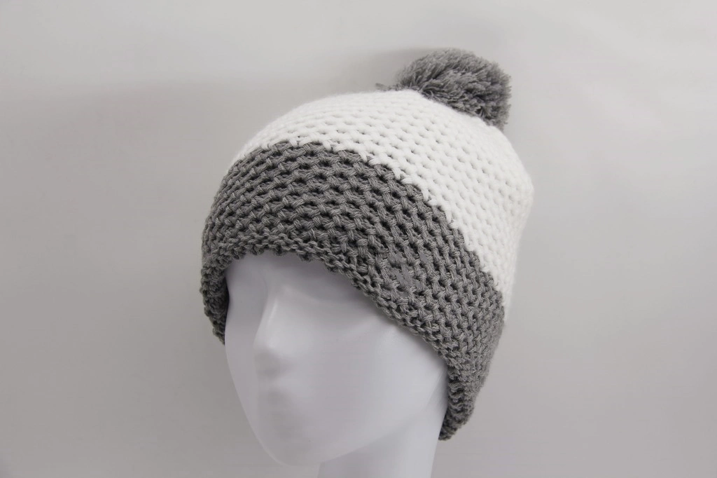 Grey and White Acrylic Knitted Hat with Yarn Pompon