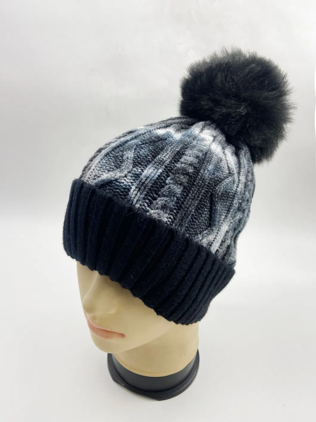 Tie Dying Knitted Beanie Hat with Fake Fur Pompon