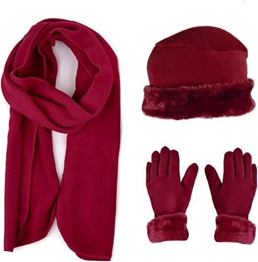 Hat and Glove Set Fleece Winter Warm Hats Gloves Red Scarves