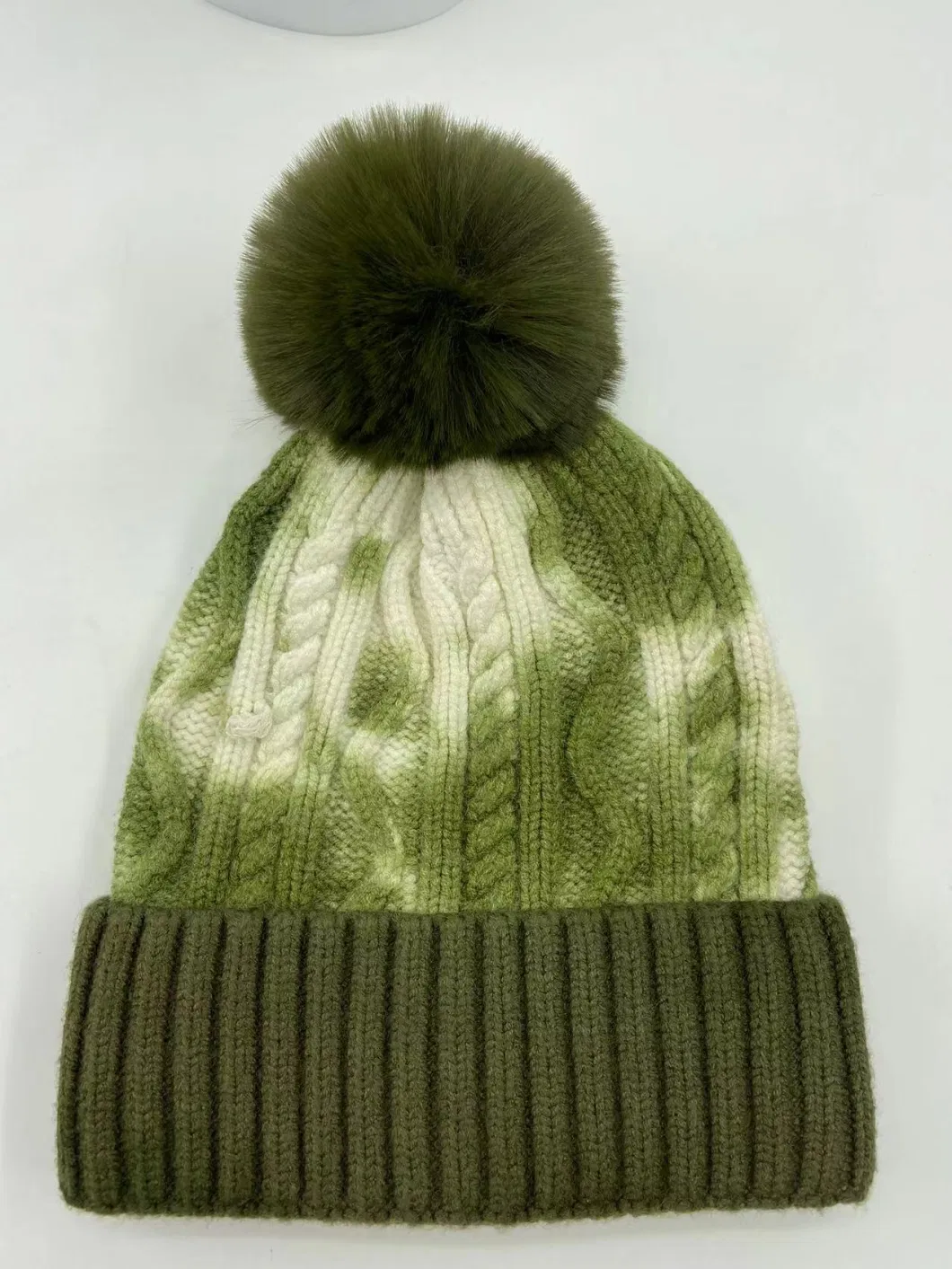 Tie Dying Knitted Beanie Hat with Fake Fur Pompon