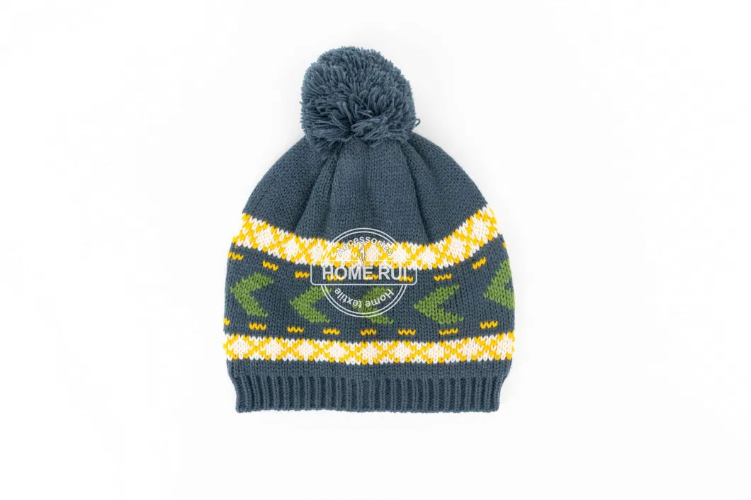 Women Warm Soft Slouchy Acrylic Fold Edge Pompom Navy Yellow Green Mixed Faire Iland Jacquard Bonnet Casual Beanie Hat