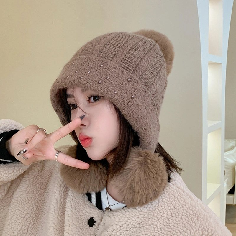 Women&prime;s Winter Thick Knitted Plush Warm Beanie Hat with 3 POM POM, Ear Protection