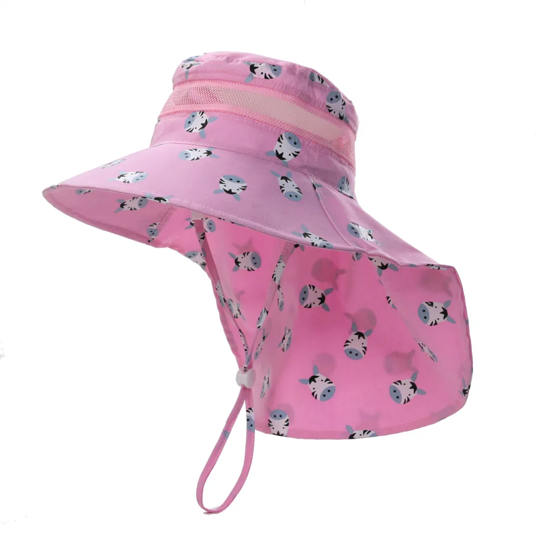 Upf50+ Animal Pattern Full Printed Polyester Mesh Kids Cape Bucket Hat