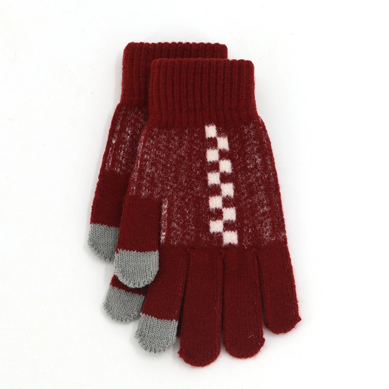 Winter Touch-Screen Men&prime;s Women&prime;s Plaid Jacquard Non-Slip Fashion Full-Finger Knitted Warm Gloves