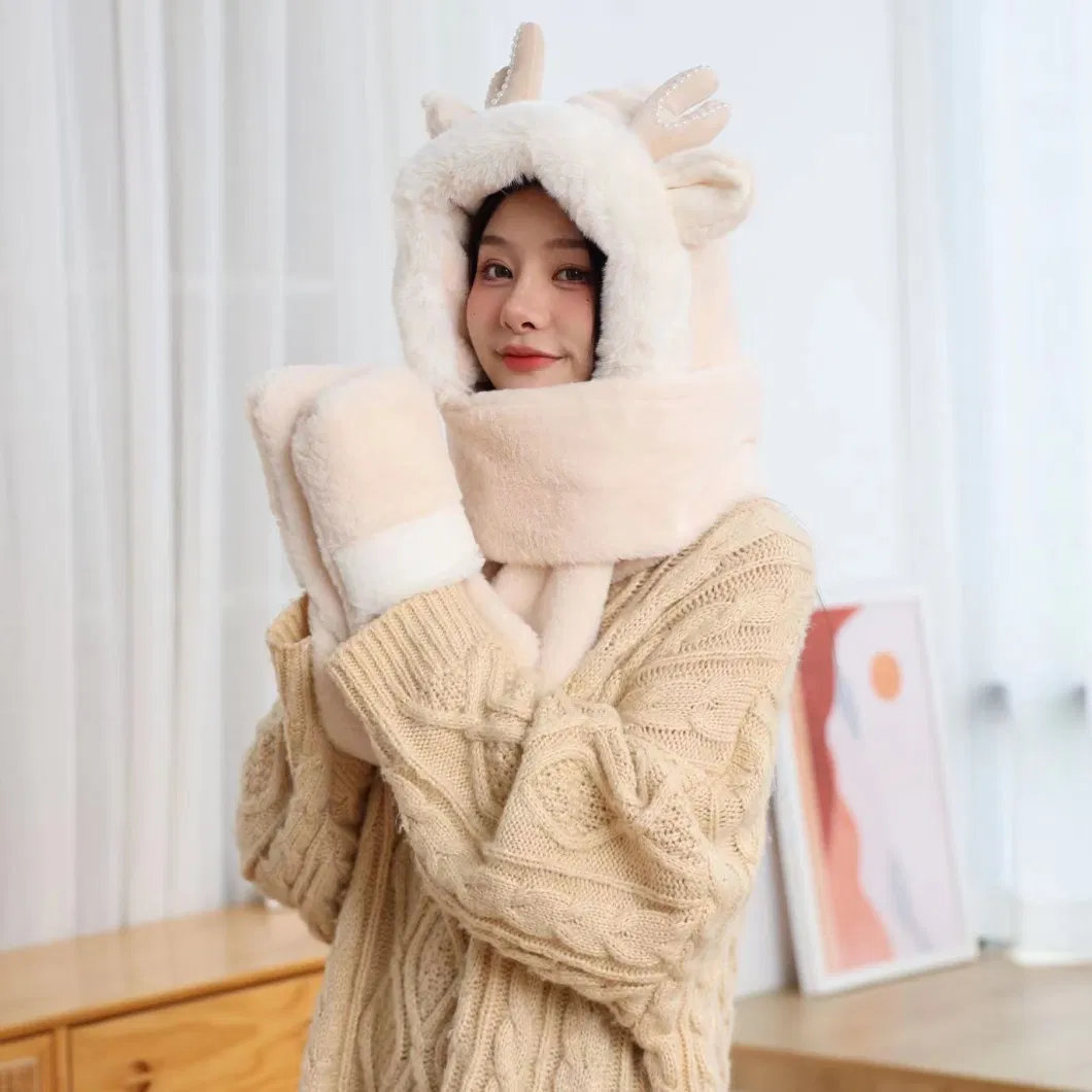 Three-in-One Winter Fleece Hat Scarf Gloves Warm One-Piece Hat