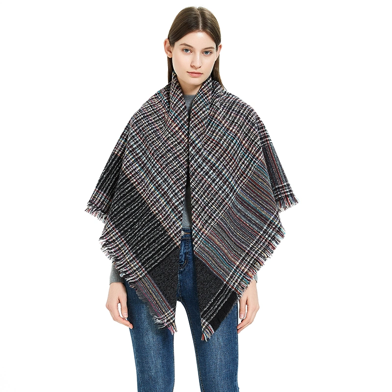 Winter Women Stylish Plaid Square Scarf with Fringe