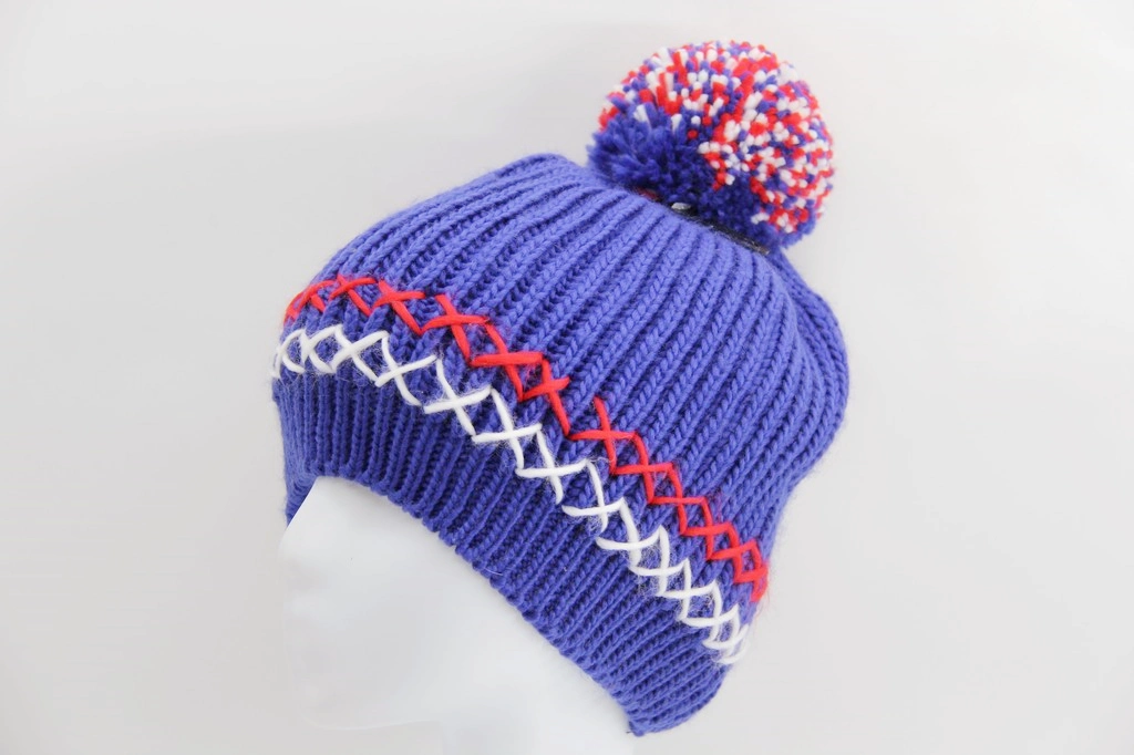 Winter Style Adult Blue Knitted Hat with Two Colors Yarn Pompon