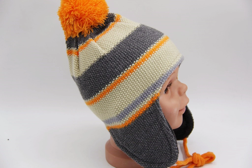 Striped Knitted Baby Hat with Fleece Lining and Yarn Pompon Patch