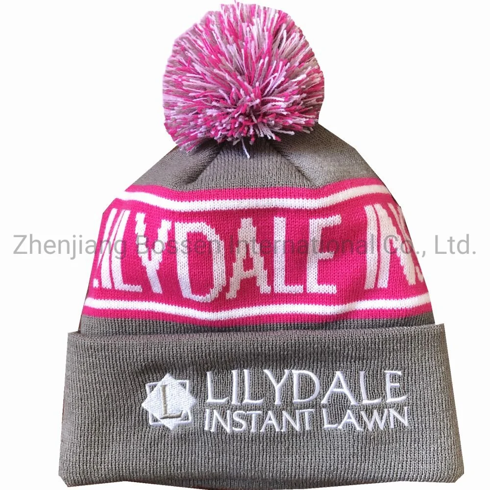 China Supplier OEM Customized Logo Pink Acrylic Knitted Winter Beanie Hat with Pompom