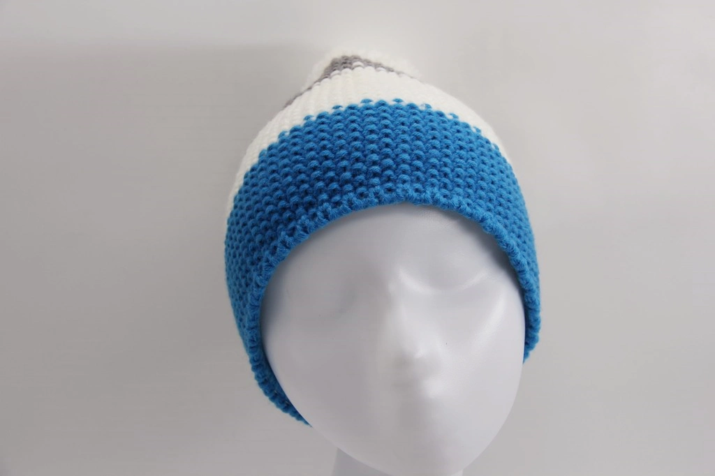 Knitted Winter Child Hat with Three Colors Yarn Top with Yarn Pompon